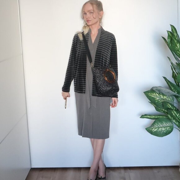 Talbots Grey & Black Striped Open Front Velvet Cardigan - Picture 1 of 16